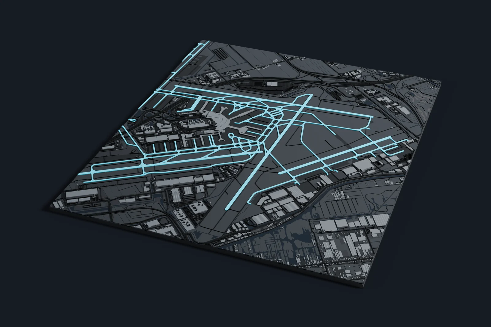 Render of a 3D printed map of Amsterdam Airport Schiphol, the runways and taxiways in cyan on a dark grey model of the terminals, buildings and land around them.