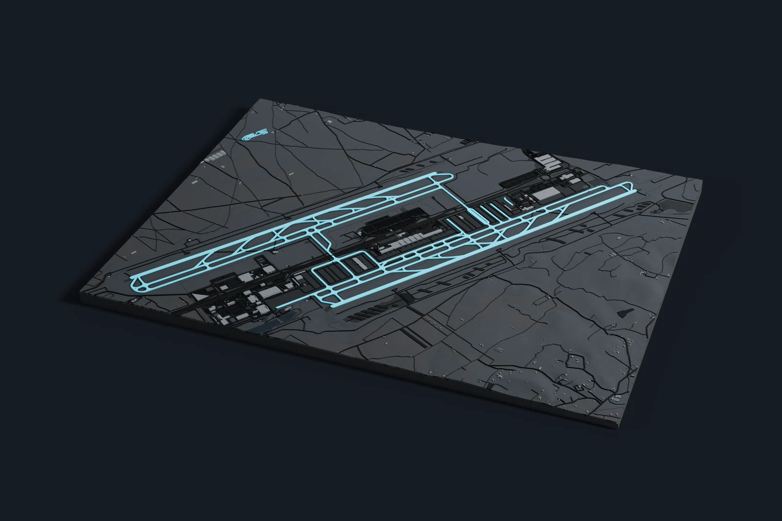 Render of a 3D printed map of Athens International Airport, the runways and taxiways in cyan on a dark grey model of the terminals, buildings and land around them.