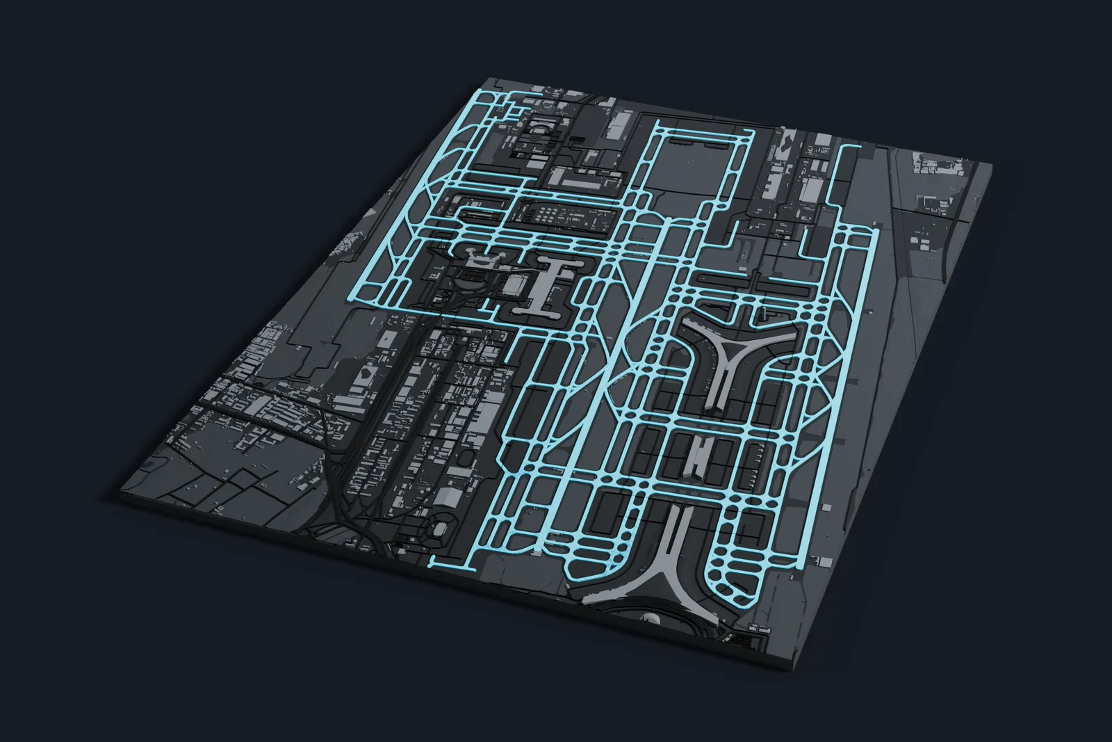 Render of a 3D printed map of Beijing Capital International Airport, the runways and taxiways in cyan on a dark grey model of the terminals, buildings and land around them.