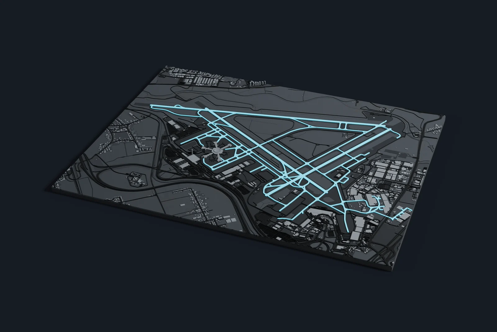 Render of a 3D printed map of Ben Gurion Airport, the runways and taxiways in cyan on a dark grey model of the terminals, buildings and land around them.