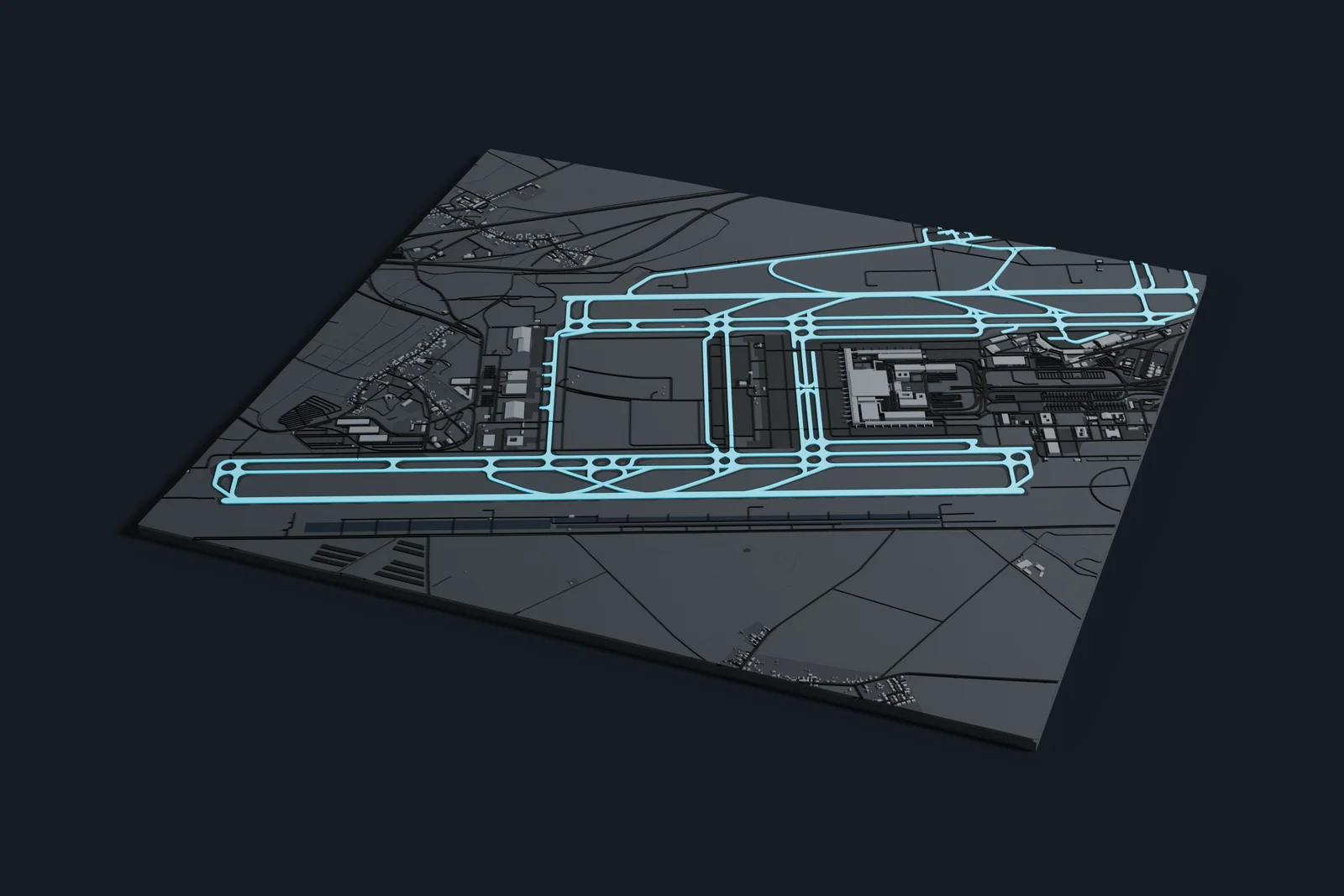 Render of a 3D printed map of Berlin Brandenburg Airport, the runways and taxiways in cyan on a dark grey model of the terminals, buildings and land around them.