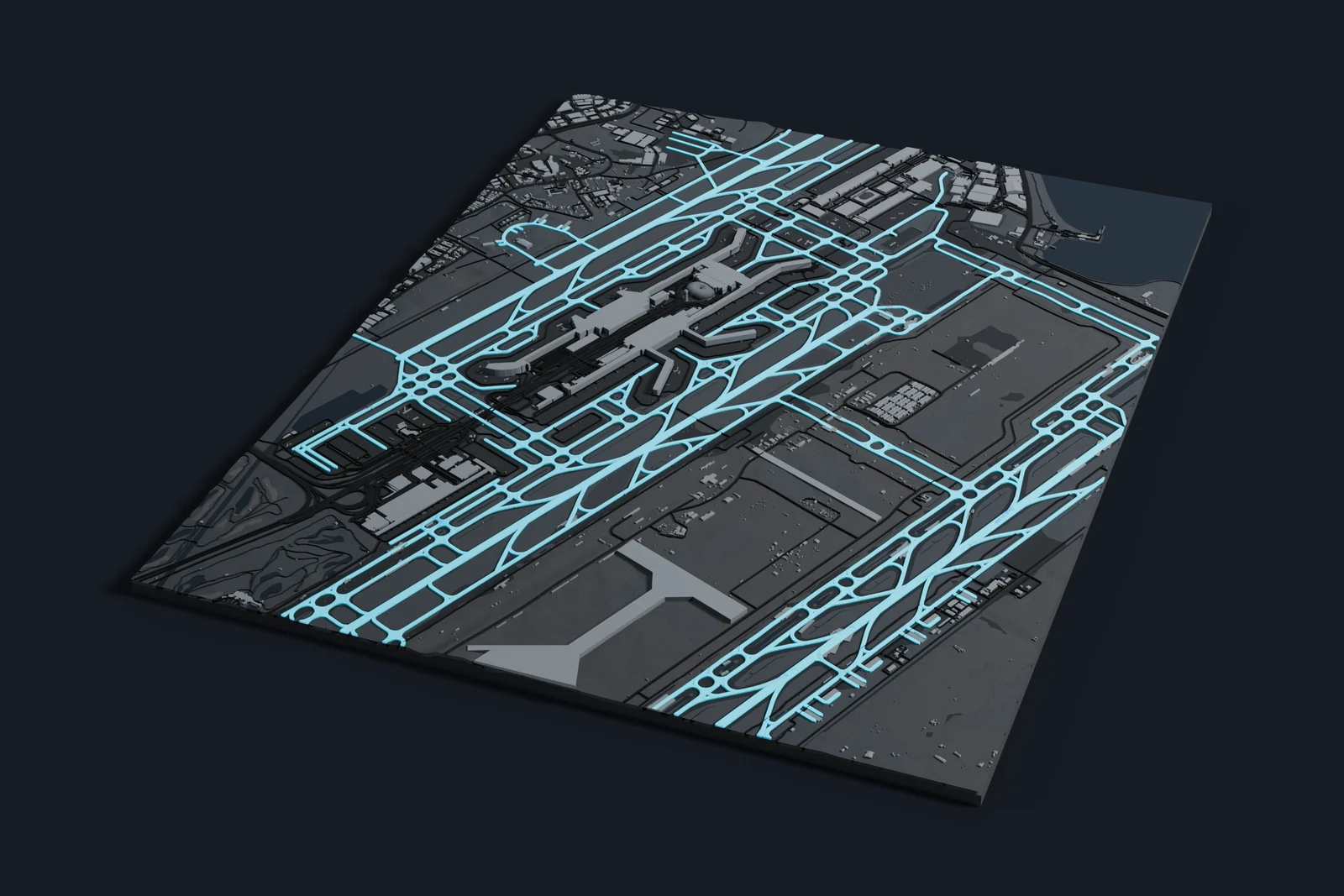 Render of a 3D printed map of Changi Airport, the runways and taxiways in cyan on a dark grey model of the terminals, buildings and land around them.
