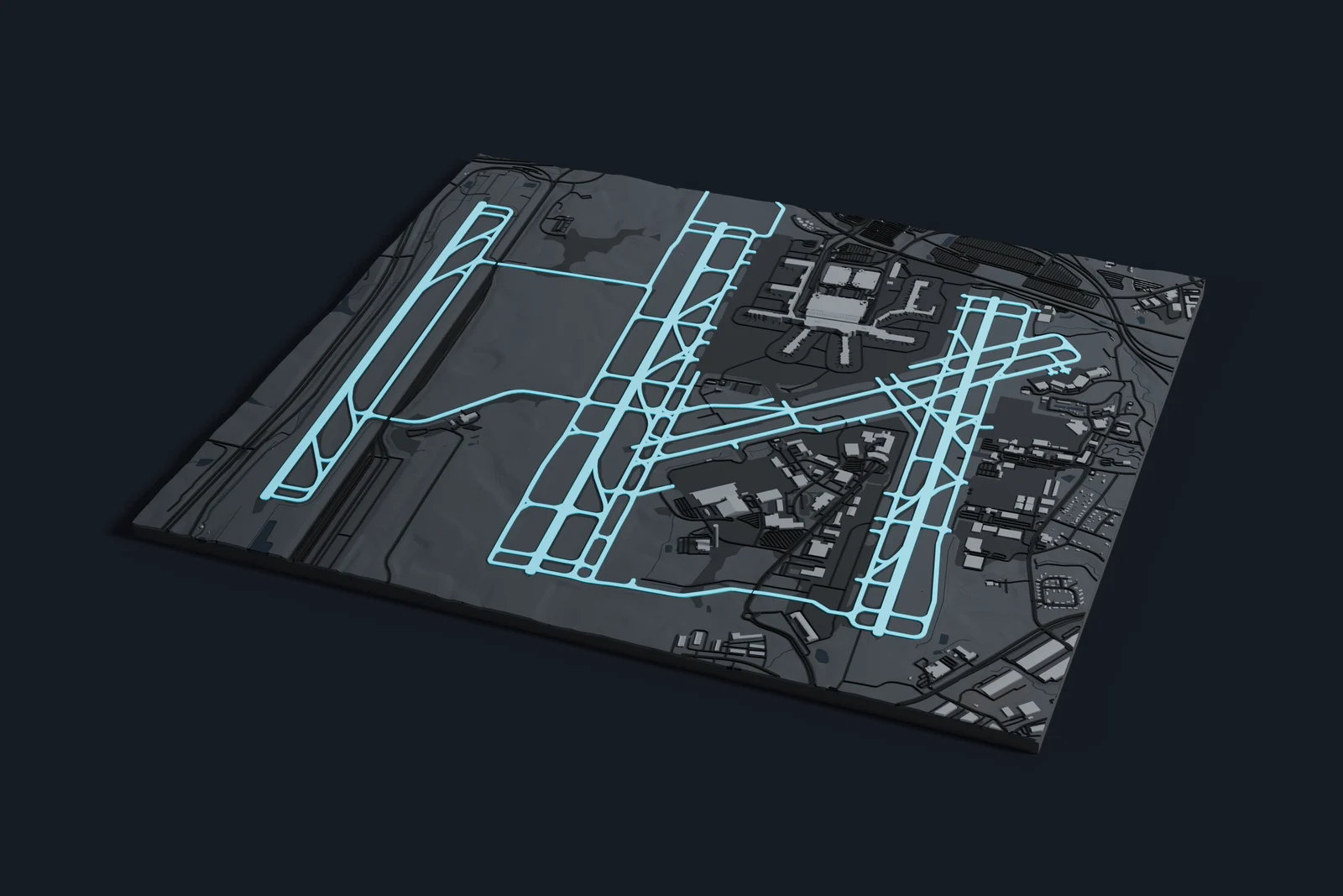 Render of a 3D printed map of Charlotte Douglas International Airport, the runways and taxiways in cyan on a dark grey model of the terminals, buildings and land around them.