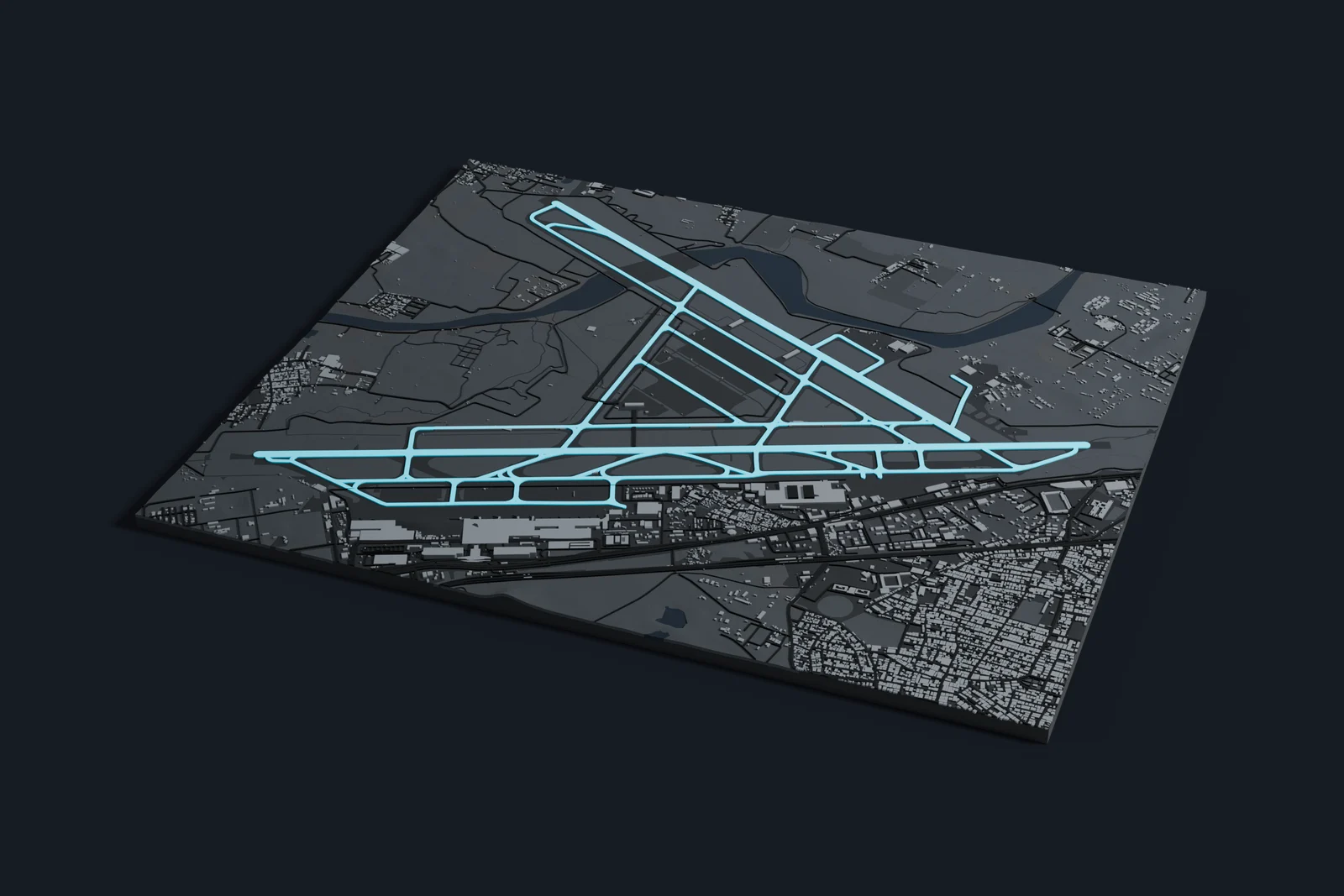 Render of a 3D printed map of Chennai International Airport, the runways and taxiways in cyan on a dark grey model of the terminals, buildings and land around them.