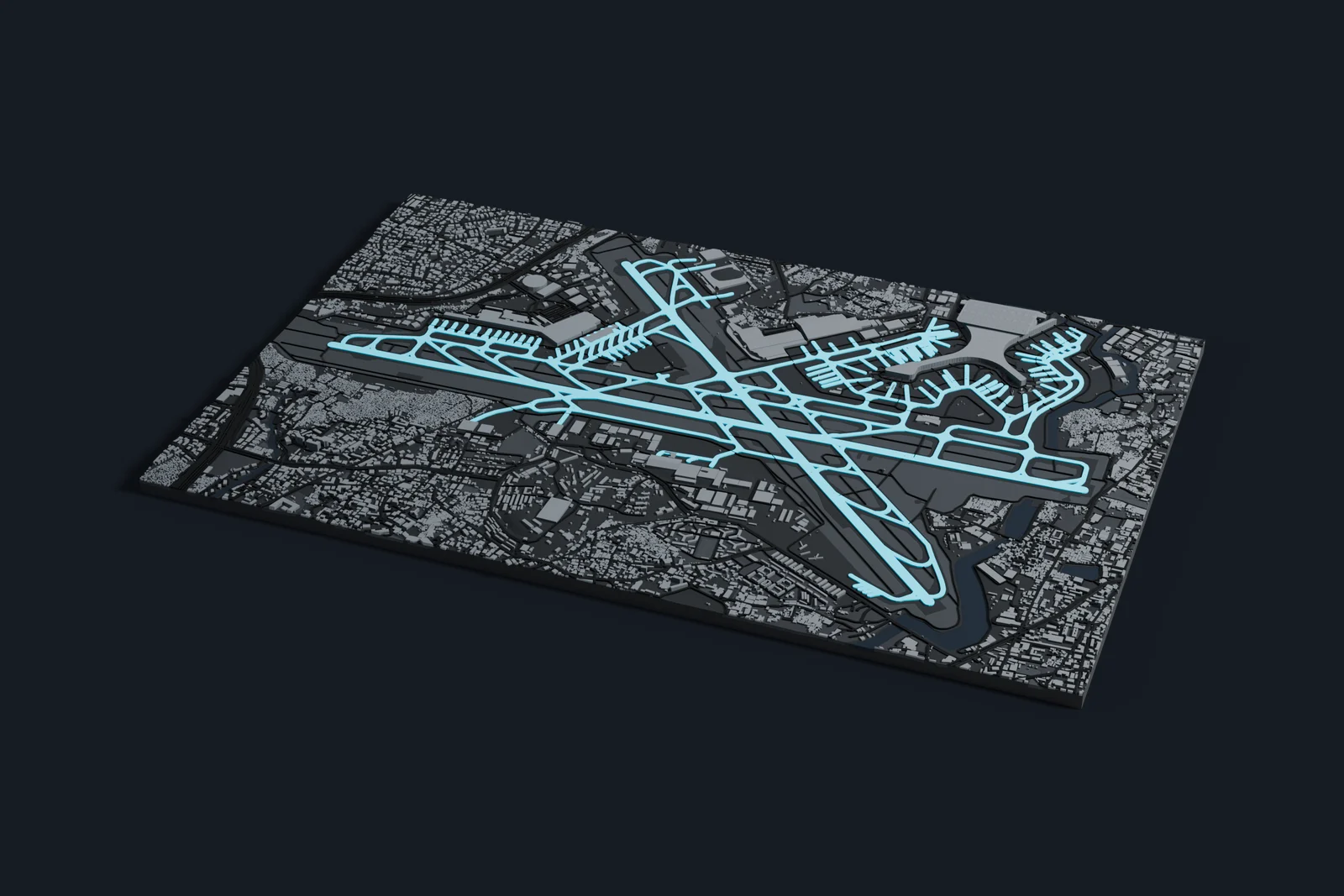 Render of a 3D printed map of Chhatrapati Shivaji Maharaj International Airport, the runways and taxiways in cyan on a dark grey model of the terminals, buildings and land around them.