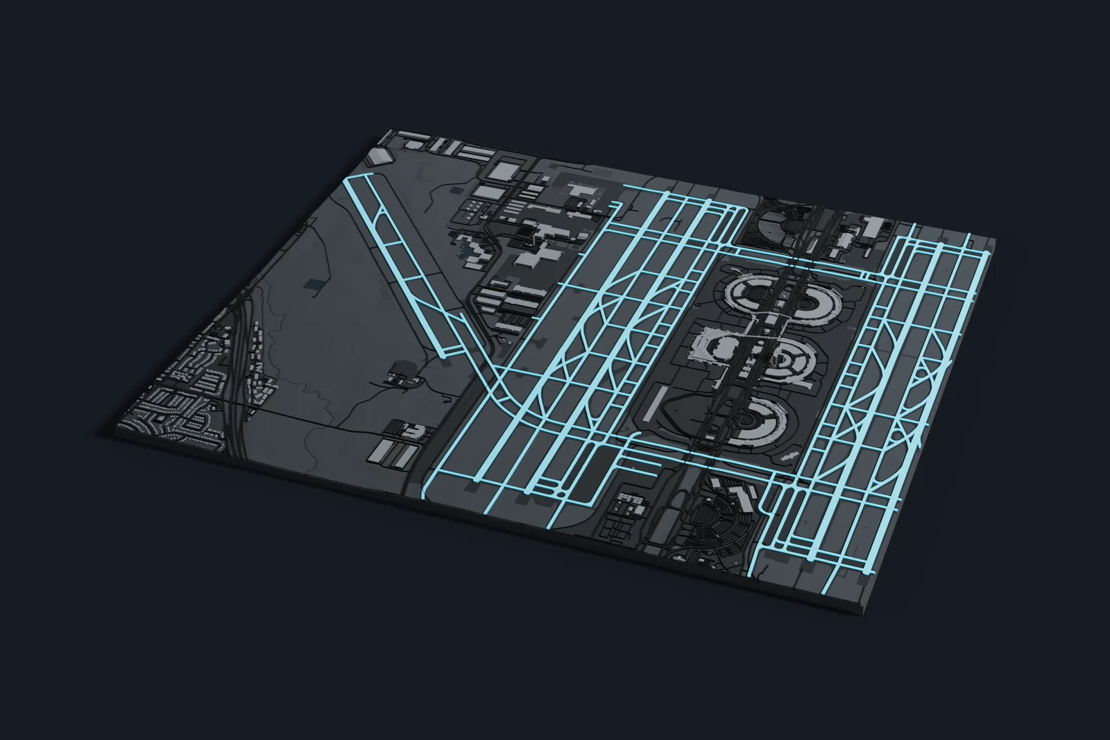 Render of a 3D printed map of Dallas Fort Worth International Airport, the runways and taxiways in cyan on a dark grey model of the terminals, buildings and land around them.
