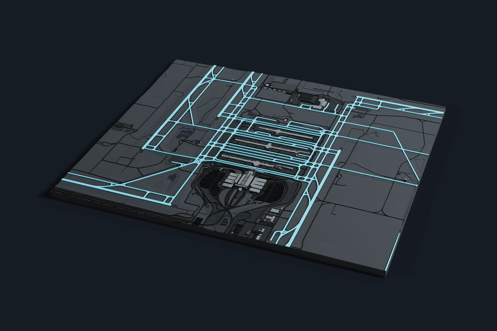 Render of a 3D printed map of Denver International Airport, the runways and taxiways in cyan on a dark grey model of the terminals, buildings and land around them.