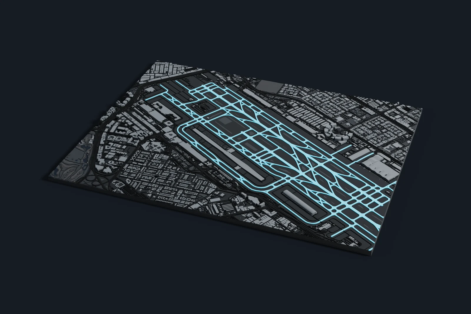 Render of a 3D printed map of Dubai International Airport, the runways and taxiways in cyan on a dark grey model of the terminals, buildings and land around them.