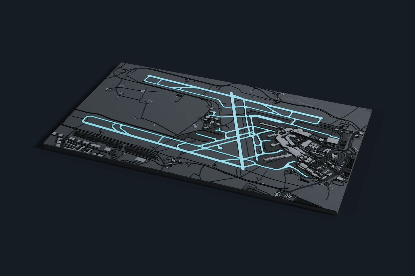 Render of a 3D printed map of Dublin Airport, the runways and taxiways in cyan on a dark grey model of the terminals, buildings and land around them.