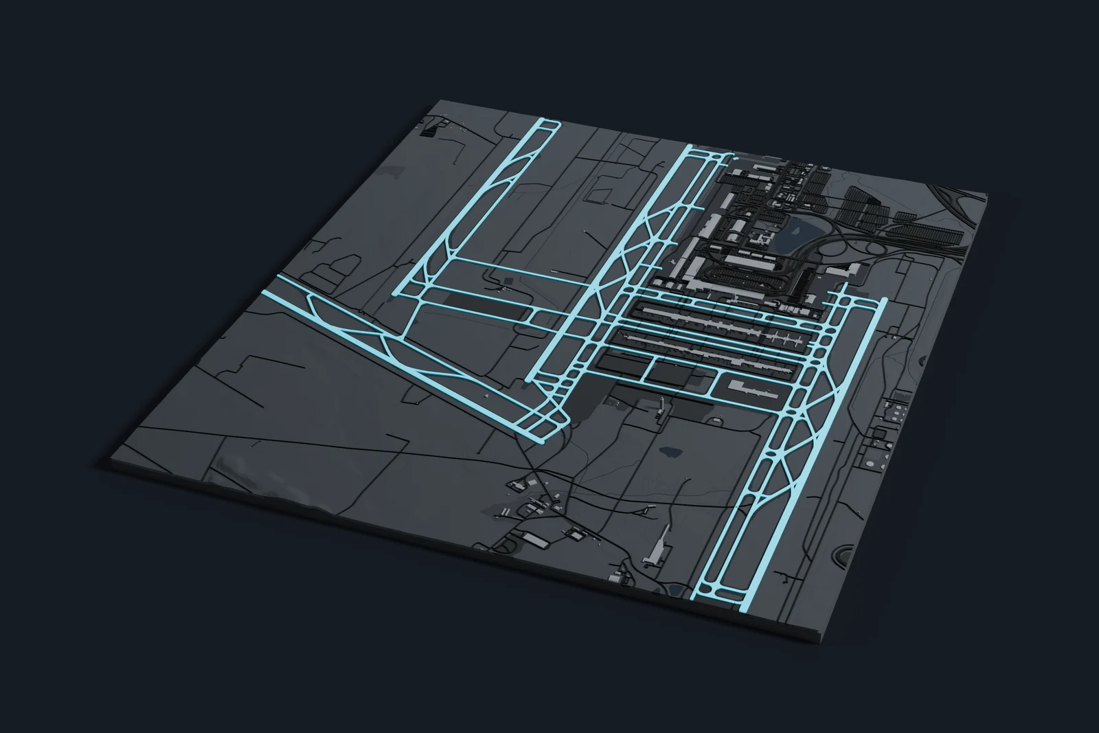 Render of a 3D printed map of Dulles International Airport, the runways and taxiways in cyan on a dark grey model of the terminals, buildings and land around them.