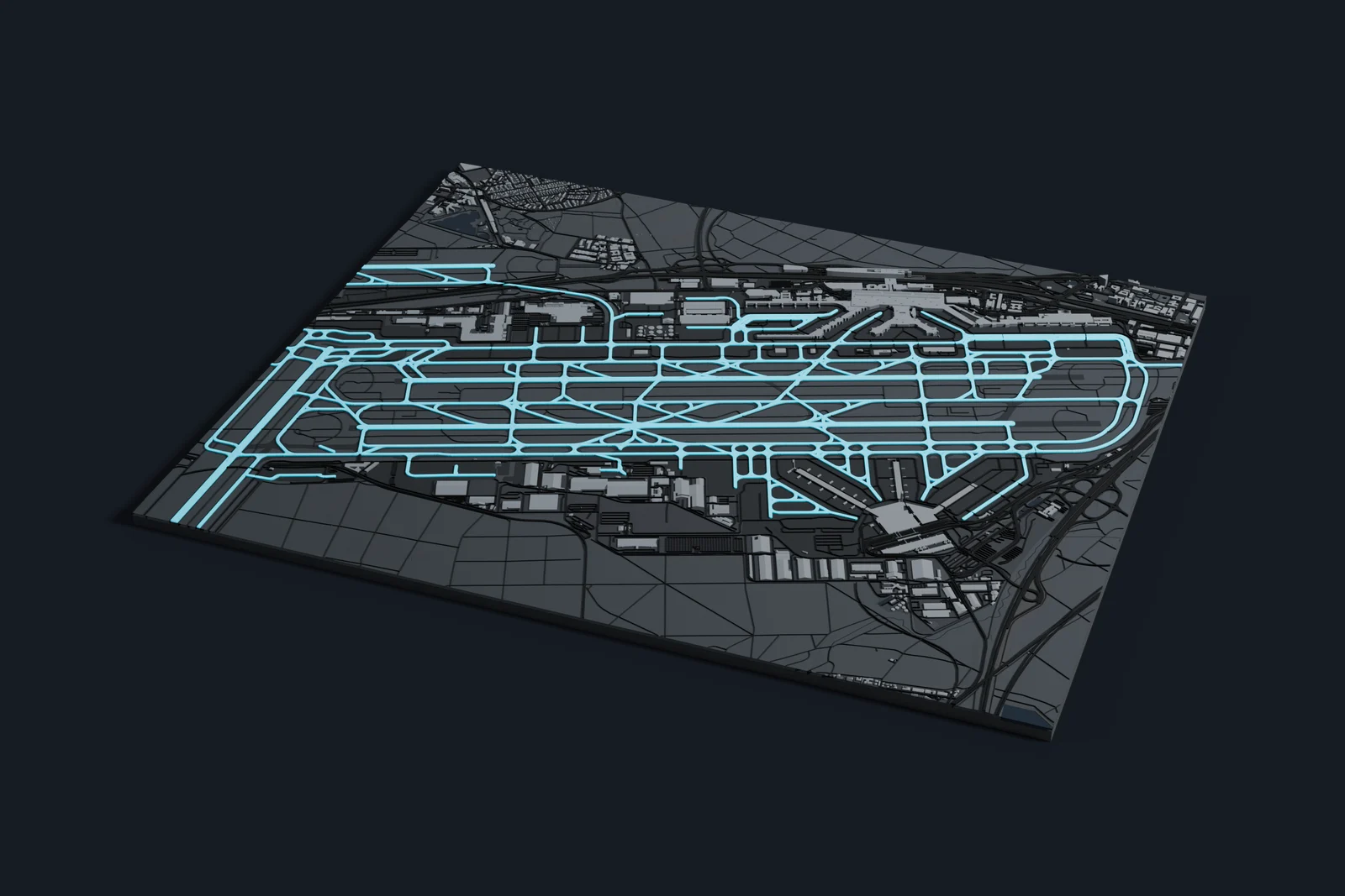 Render of a 3D printed map of Frankfurt Airport, the runways and taxiways in cyan on a dark grey model of the terminals, buildings and land around them.