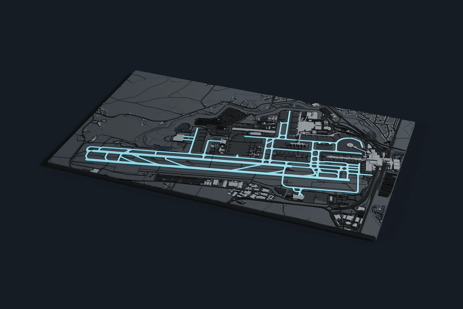 Render of a 3D printed map of Gatwick Airport, the runways and taxiways in cyan on a dark grey model of the terminals, buildings and land around them.