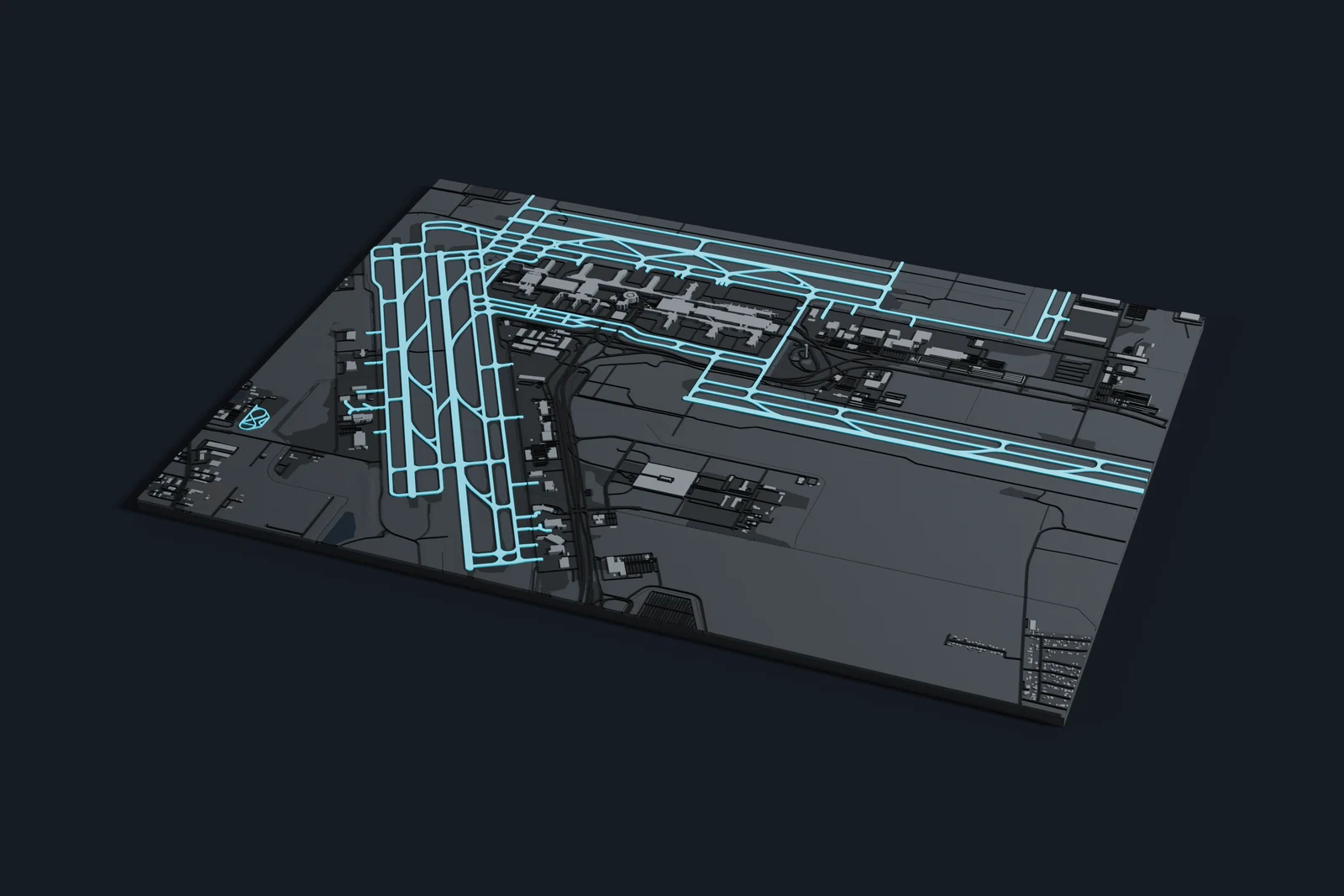 Render of a 3D printed map of George Bush Intercontinental Airport, the runways and taxiways in cyan on a dark grey model of the terminals, buildings and land around them.