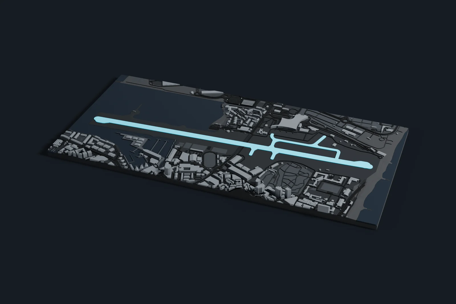 Render of a 3D printed map of Gibraltar International Airport, the runways and taxiways in cyan on a dark grey model of the terminals, buildings and land around them.