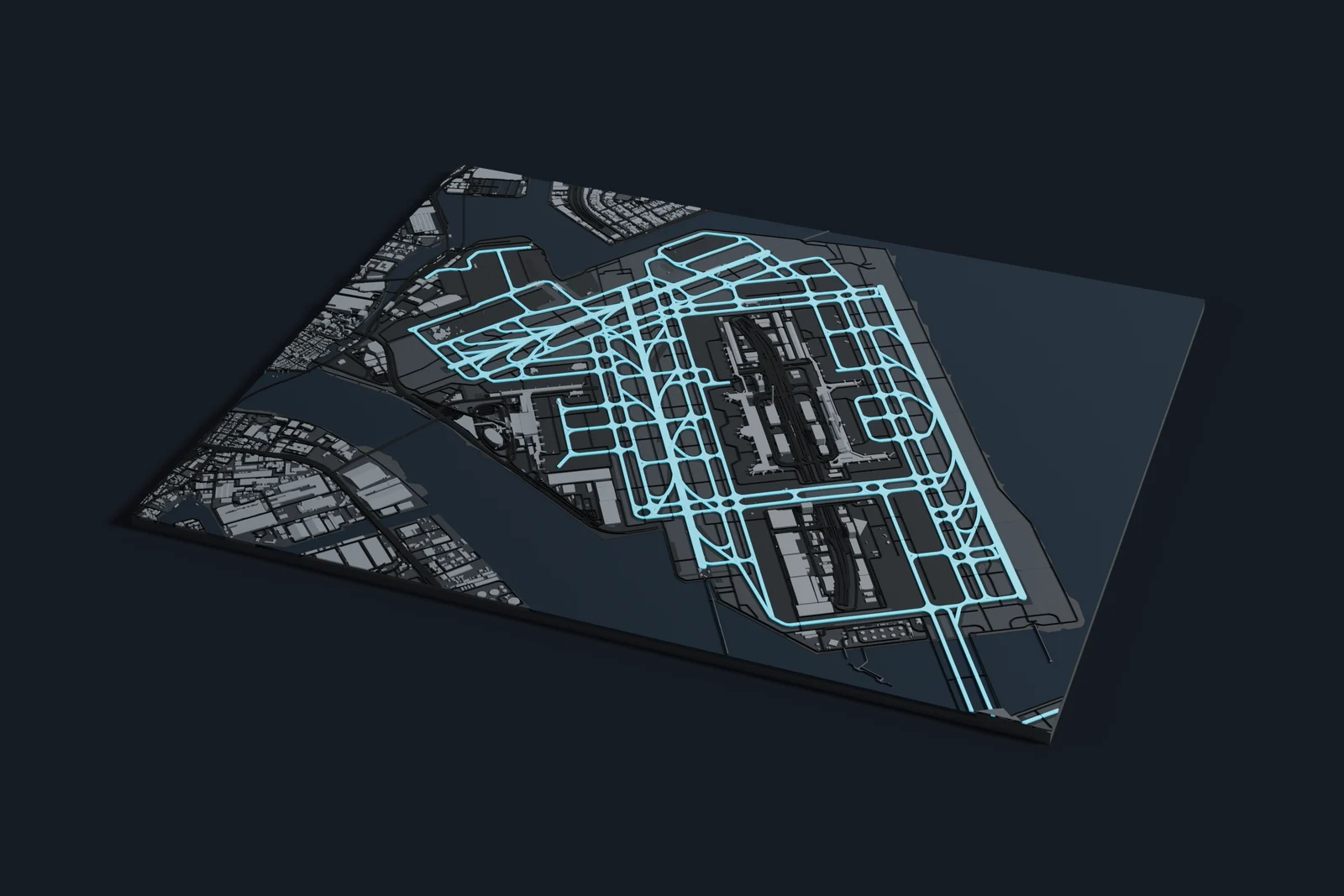 Render of a 3D printed map of Haneda Airport, the runways and taxiways in cyan on a dark grey model of the terminals, buildings and land around them.