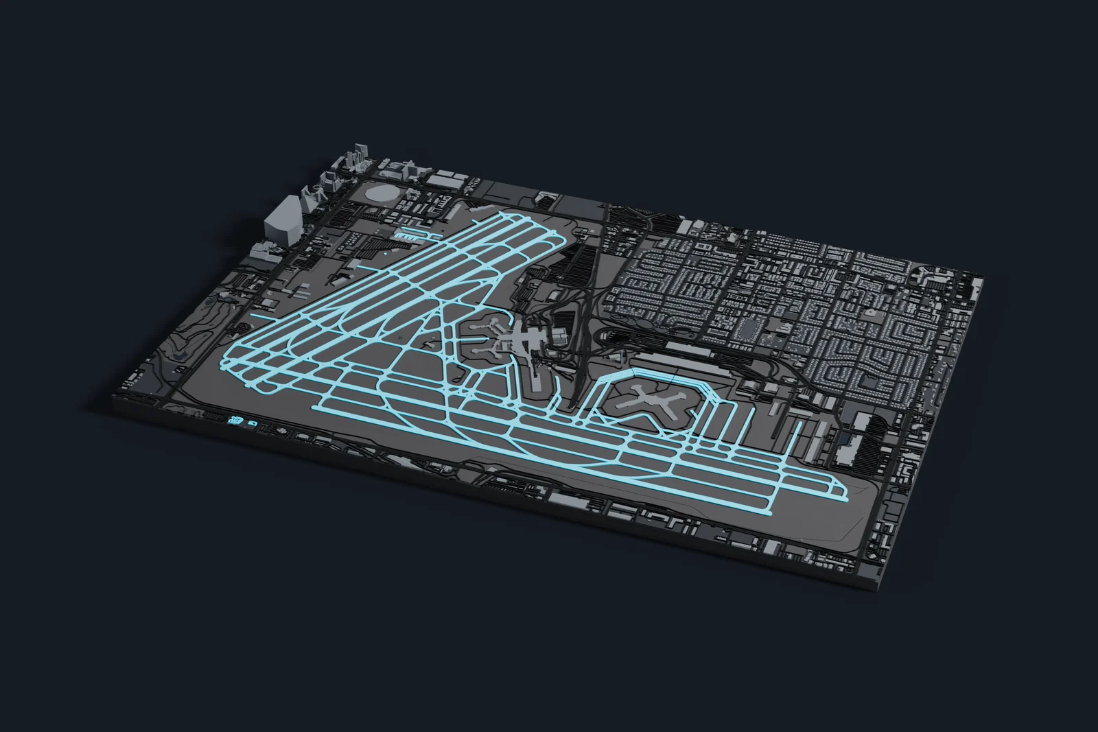 Render of a 3D printed map of Harry Reid International Airport, the runways and taxiways in cyan on a dark grey model of the terminals, buildings and land around them.