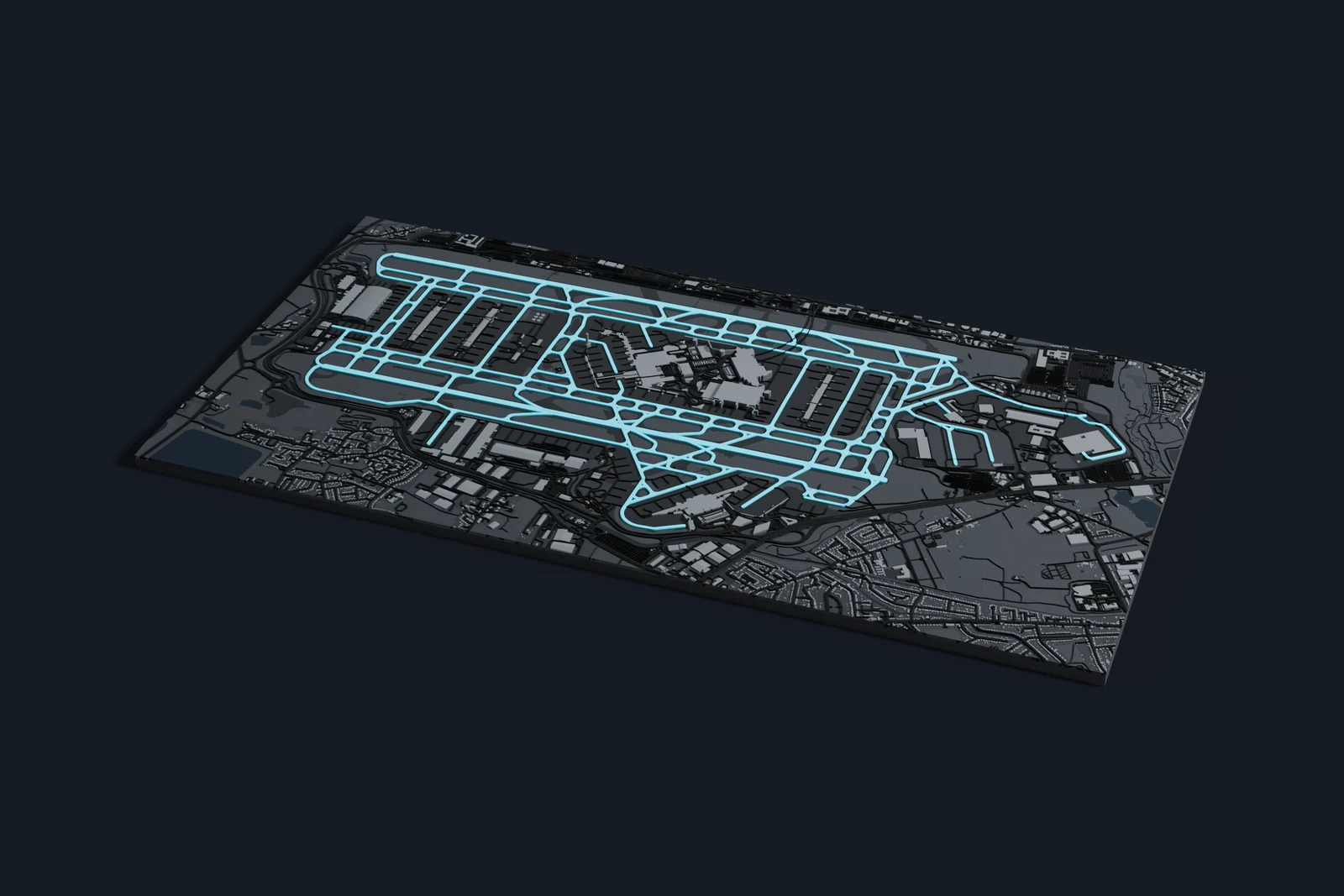Render of a 3D printed map of Heathrow Airport, the runways and taxiways in cyan on a dark grey model of the terminals, buildings and land around them.