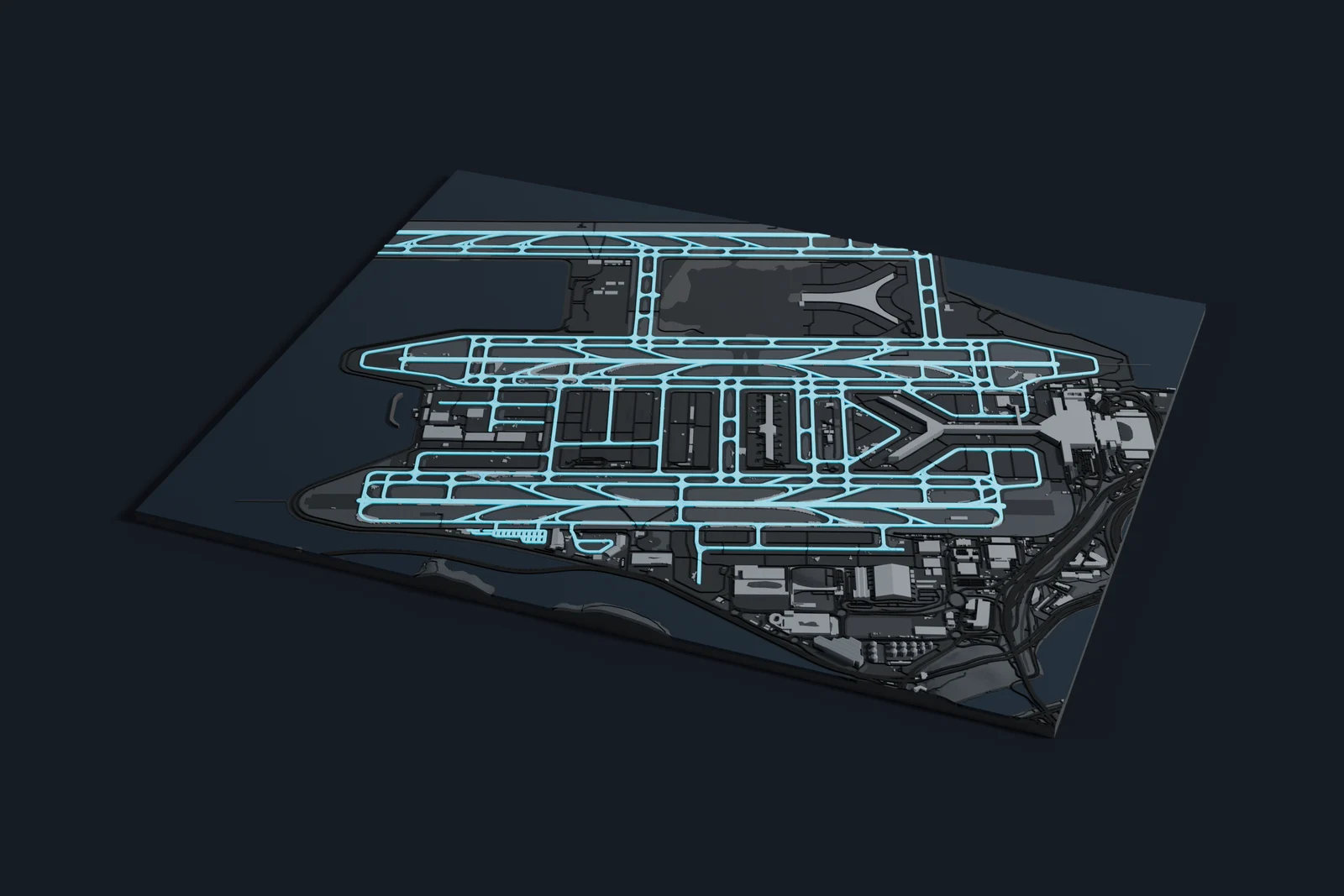 Render of a 3D printed map of Hong Kong International Airport, the runways and taxiways in cyan on a dark grey model of the terminals, buildings and land around them.