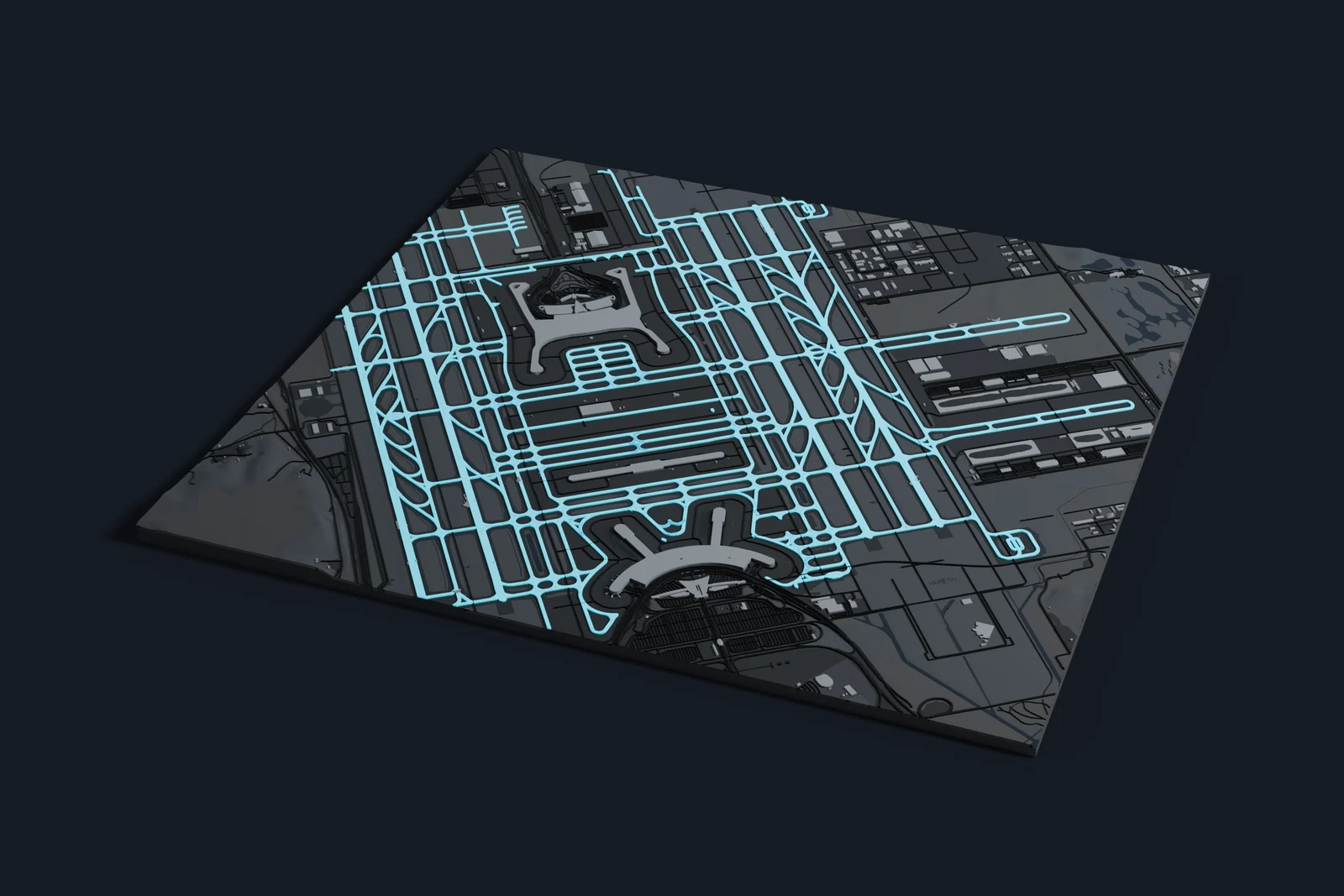 Render of a 3D printed map of Incheon International Airport, the runways and taxiways in cyan on a dark grey model of the terminals, buildings and land around them.