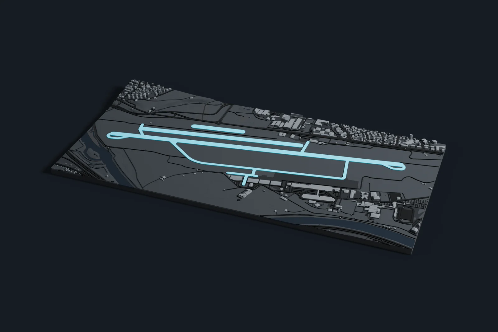 Render of a 3D printed map of Innsbruck Airport, the runways and taxiways in cyan on a dark grey model of the terminals, buildings and land around them.