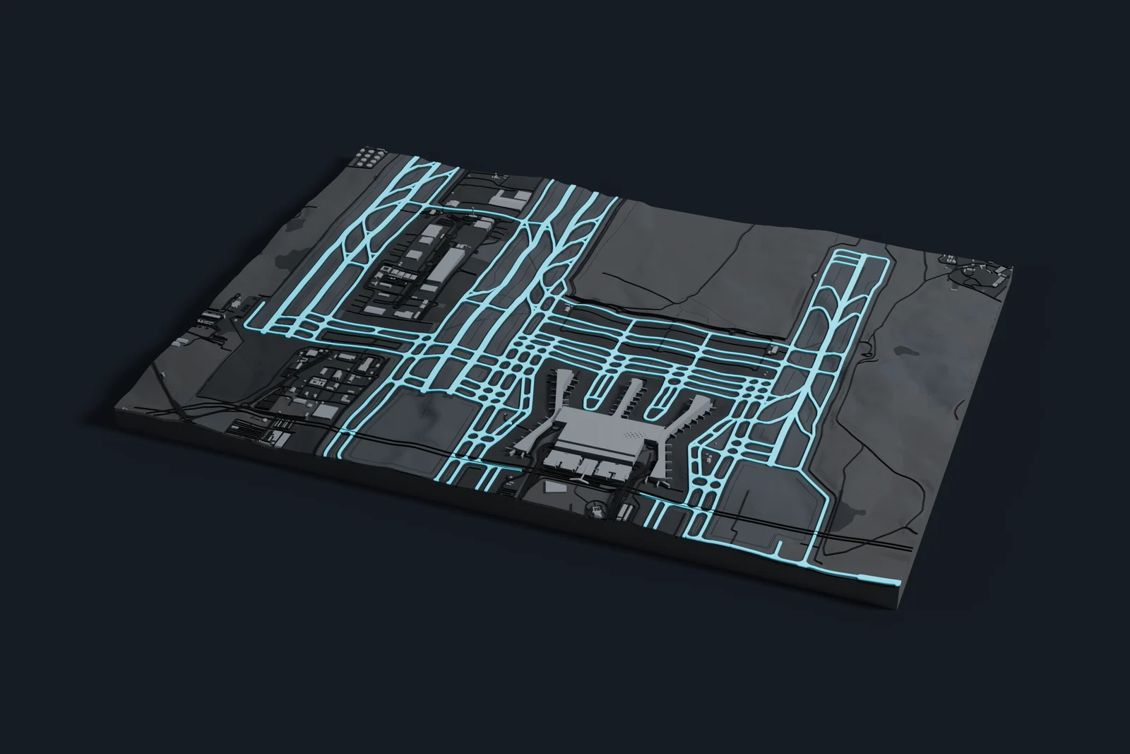 Render of a 3D printed map of Istanbul Airport, the runways and taxiways in cyan on a dark grey model of the terminals, buildings and land around them.