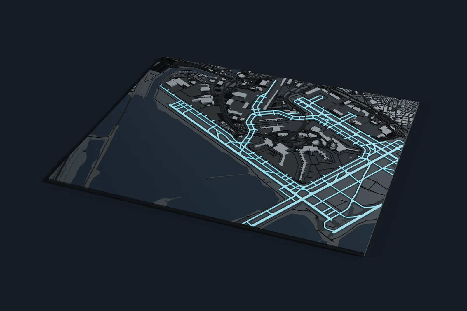 Render of a 3D printed map of John F. Kennedy International Airport, the runways and taxiways in cyan on a dark grey model of the terminals, buildings and land around them.