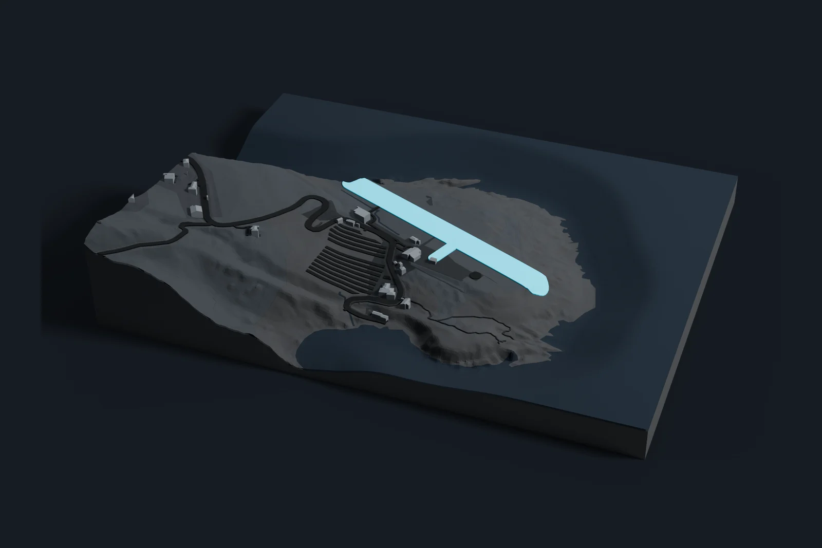 Render of a 3D printed map of Juancho E. Yrausquin Airport, the runways and taxiways in cyan on a dark grey model of the terminals, buildings and land around them.