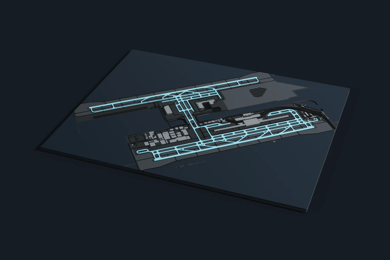 Render of a 3D printed map of Kansai International Airport, the runways and taxiways in cyan on a dark grey model of the terminals, buildings and land around them.