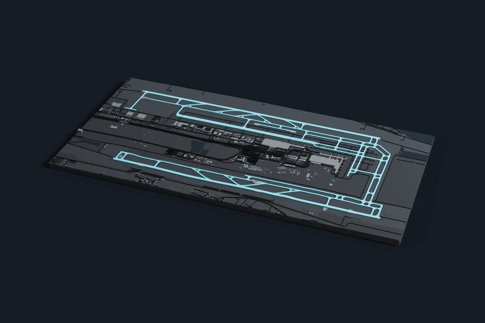 Render of a 3D printed map of Kempegowda International Airport, the runways and taxiways in cyan on a dark grey model of the terminals, buildings and land around them.
