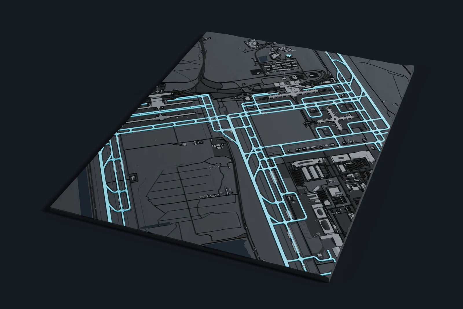 Render of a 3D printed map of Kuala Lumpur International Airport, the runways and taxiways in cyan on a dark grey model of the terminals, buildings and land around them.