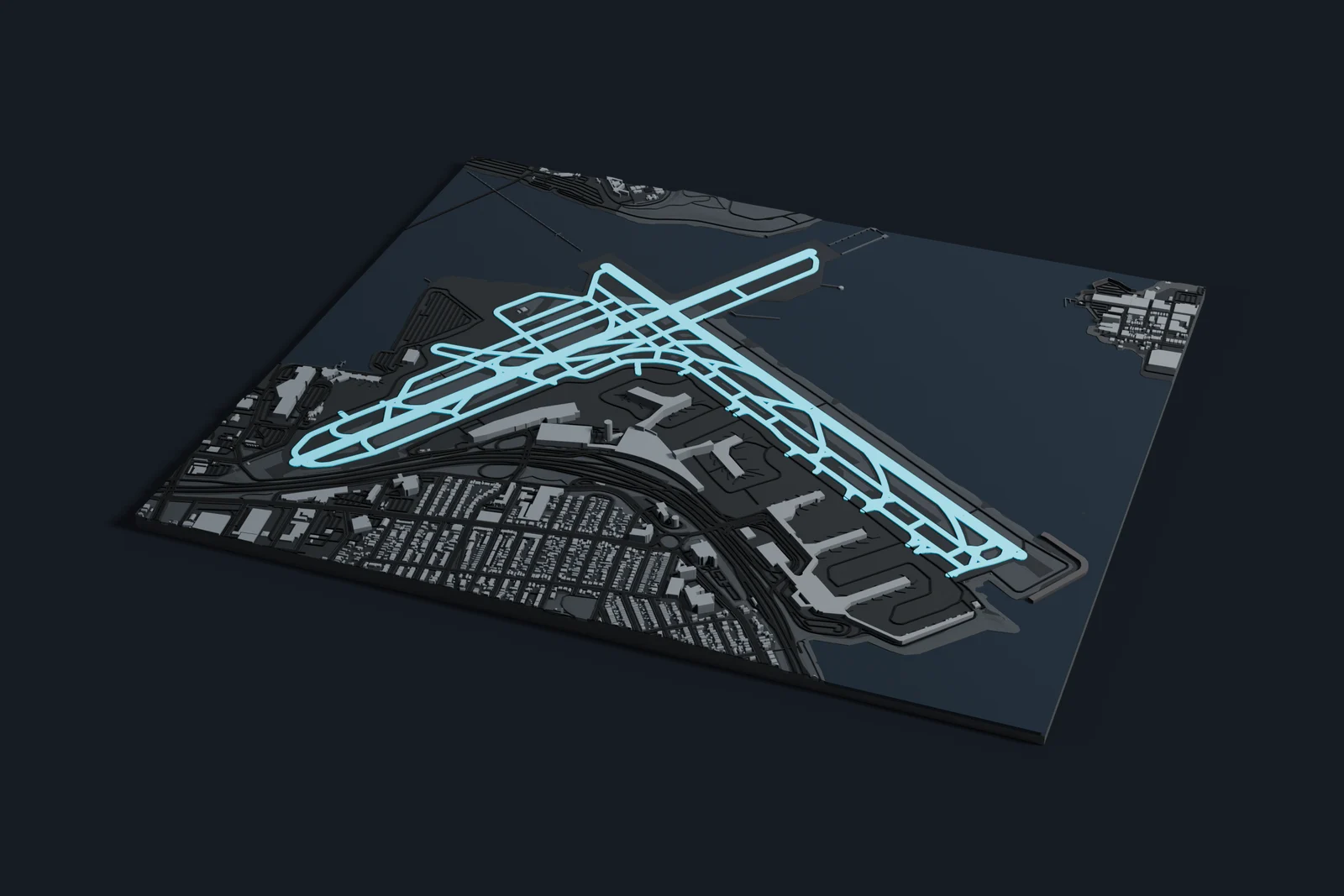 Render of a 3D printed map of LaGuardia Airport, the runways and taxiways in cyan on a dark grey model of the terminals, buildings and land around them.