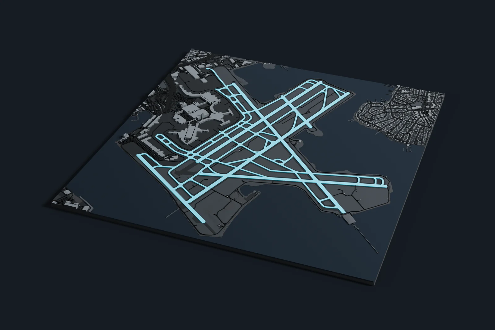 Render of a 3D printed map of Logan International Airport, the runways and taxiways in cyan on a dark grey model of the terminals, buildings and land around them.