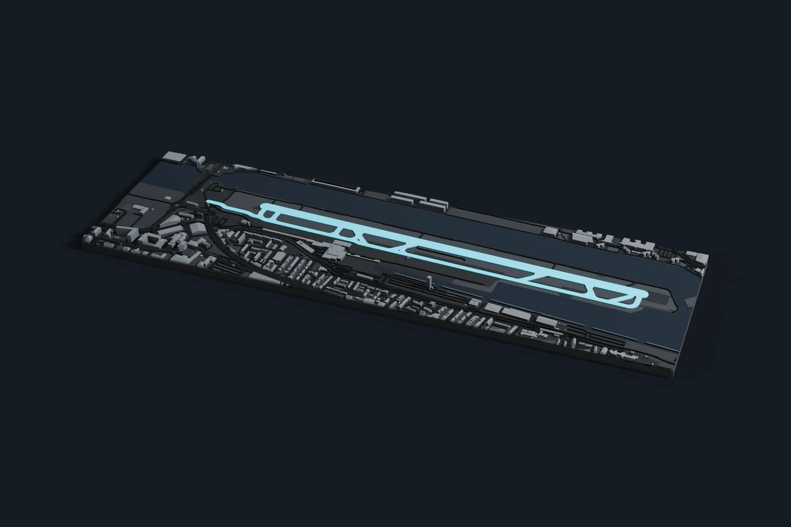 Render of a 3D printed map of London City Airport, the runways and taxiways in cyan on a dark grey model of the terminals, buildings and land around them.