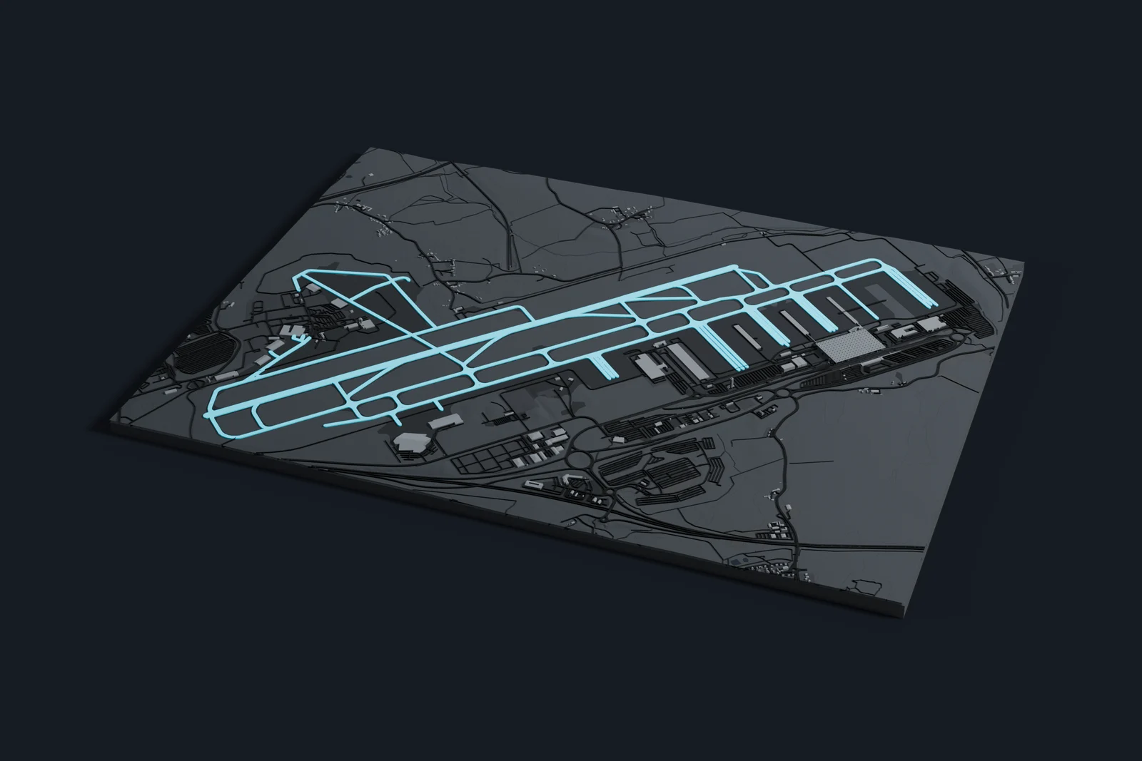 Render of a 3D printed map of London Stansted Airport, the runways and taxiways in cyan on a dark grey model of the terminals, buildings and land around them.