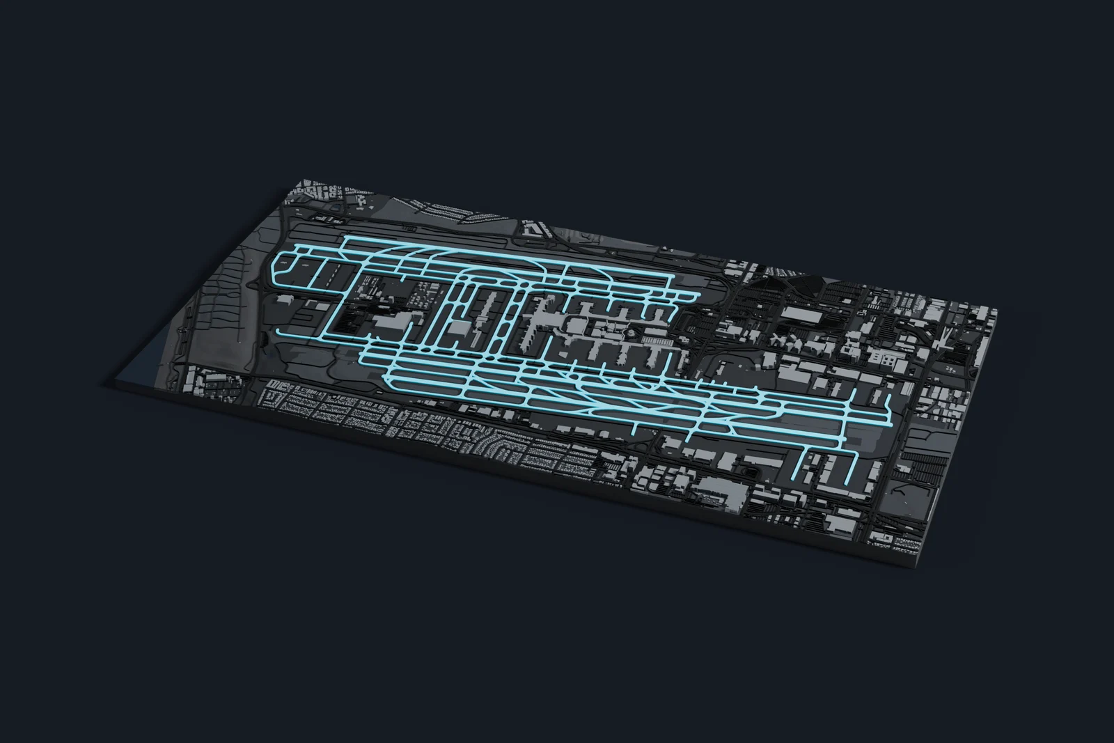 Render of a 3D printed map of Los Angeles International Airport, the runways and taxiways in cyan on a dark grey model of the terminals, buildings and land around them.