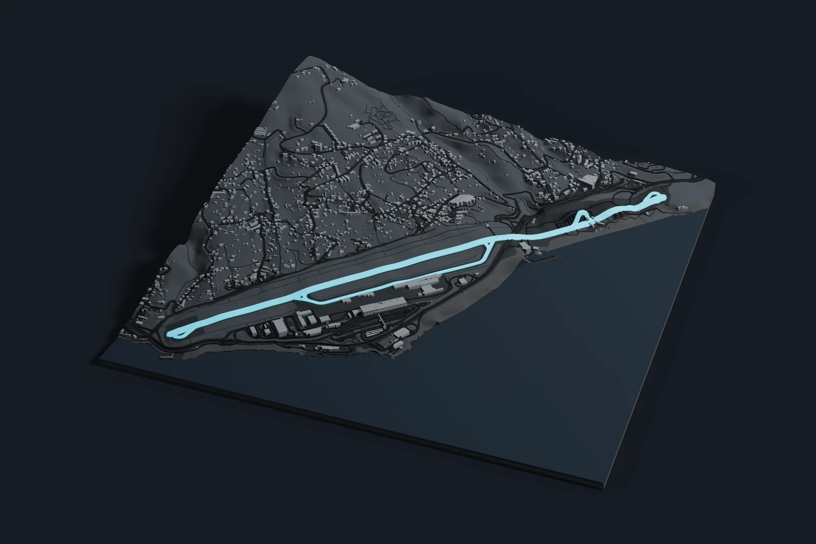 Render of a 3D printed map of Madeira Airport, the runways and taxiways in cyan on a dark grey model of the terminals, buildings and land around them.