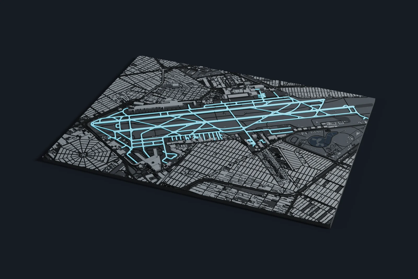 Render of a 3D printed map of Mexico City International Airport, the runways and taxiways in cyan on a dark grey model of the terminals, buildings and land around them.