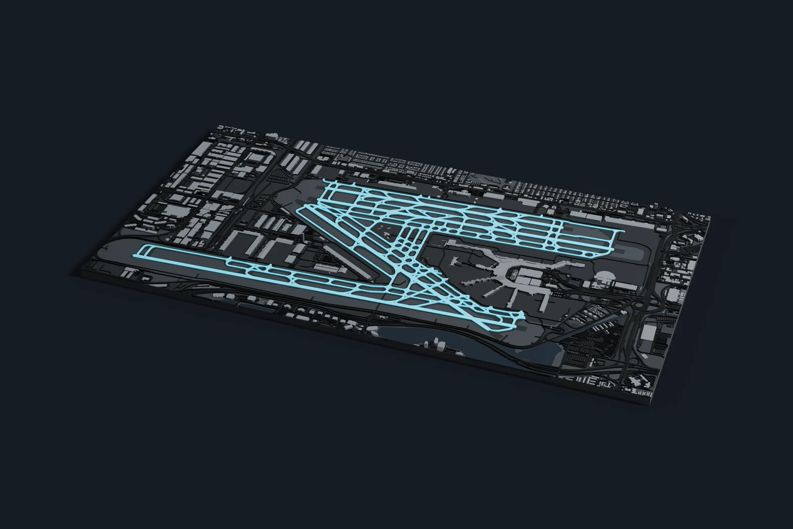 Render of a 3D printed map of Miami International Airport, the runways and taxiways in cyan on a dark grey model of the terminals, buildings and land around them.
