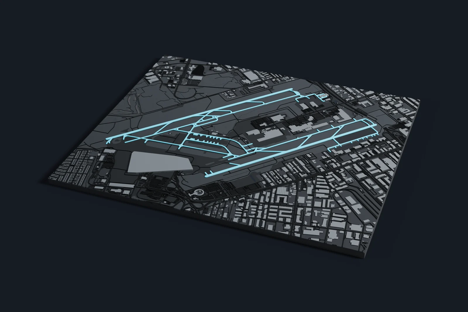 Render of a 3D printed map of Montréal–Trudeau International Airport, the runways and taxiways in cyan on a dark grey model of the terminals, buildings and land around them.
