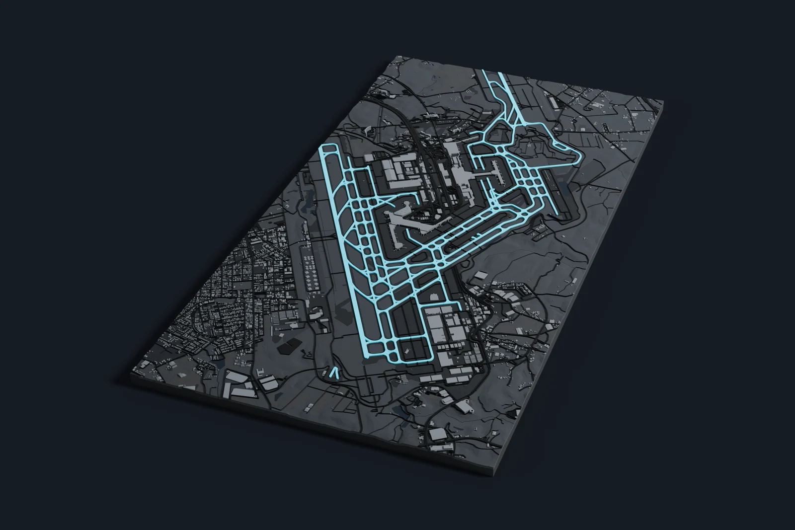 Render of a 3D printed map of Narita International Airport, the runways and taxiways in cyan on a dark grey model of the terminals, buildings and land around them.