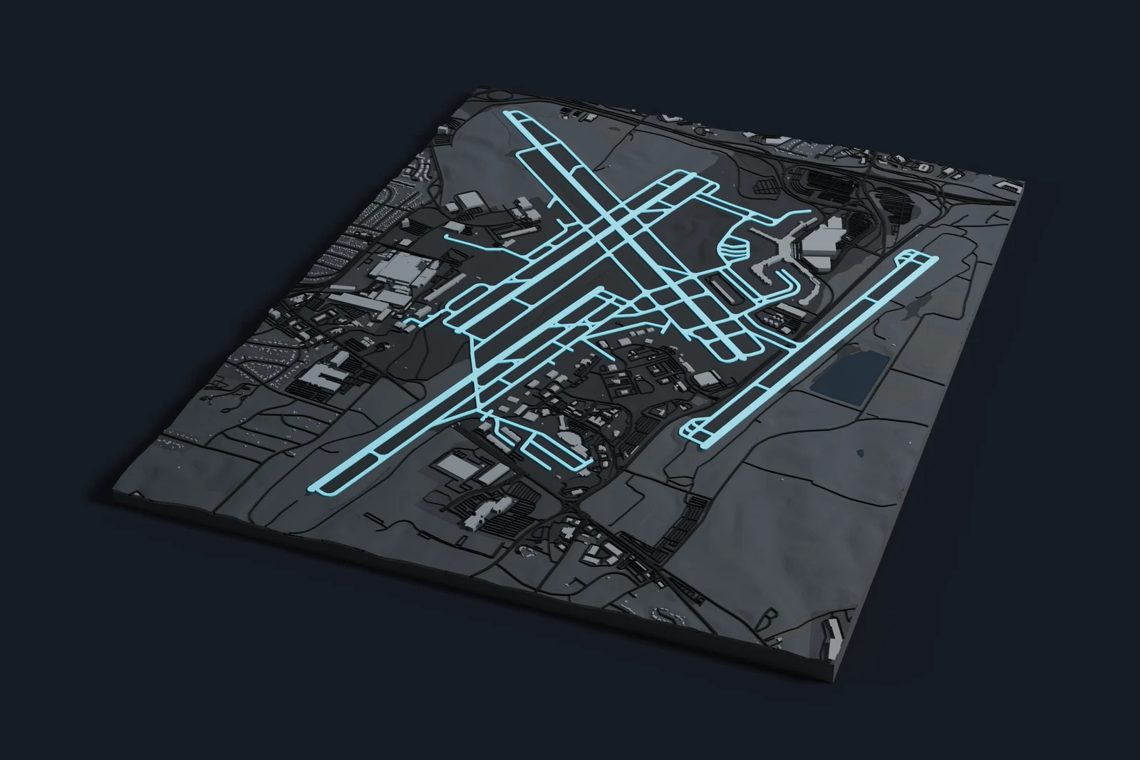 Render of a 3D printed map of Nashville International Airport, the runways and taxiways in cyan on a dark grey model of the terminals, buildings and land around them.