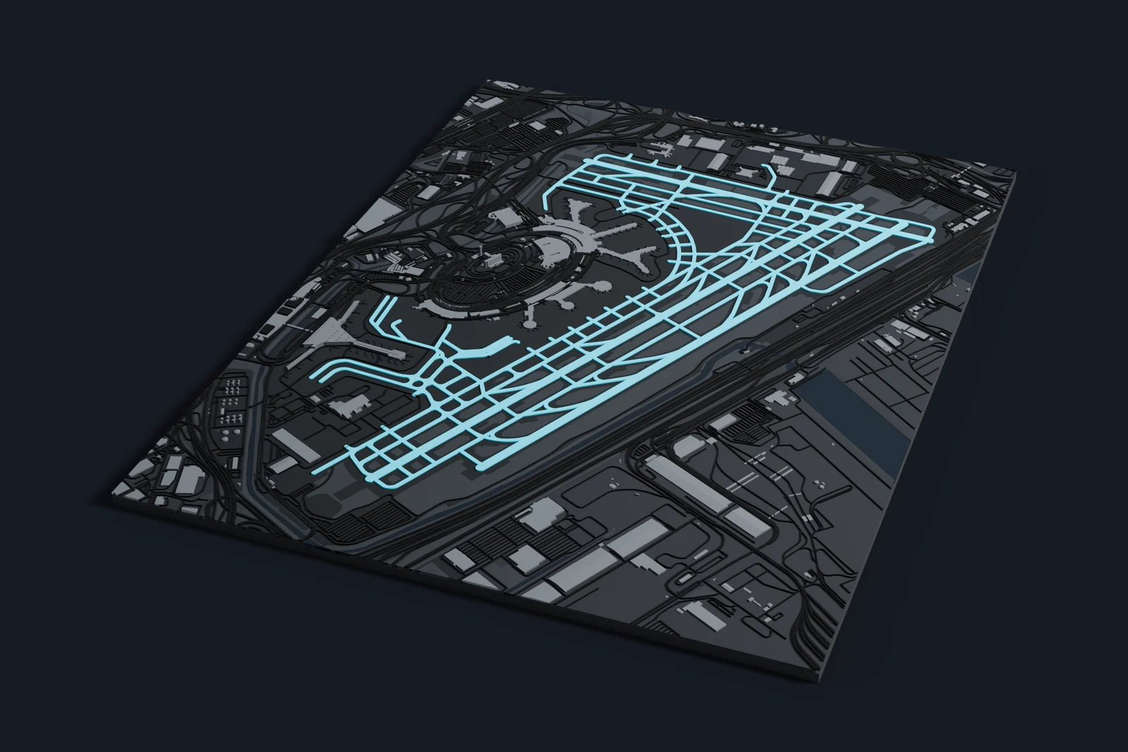 Render of a 3D printed map of Newark Liberty International Airport, the runways and taxiways in cyan on a dark grey model of the terminals, buildings and land around them.