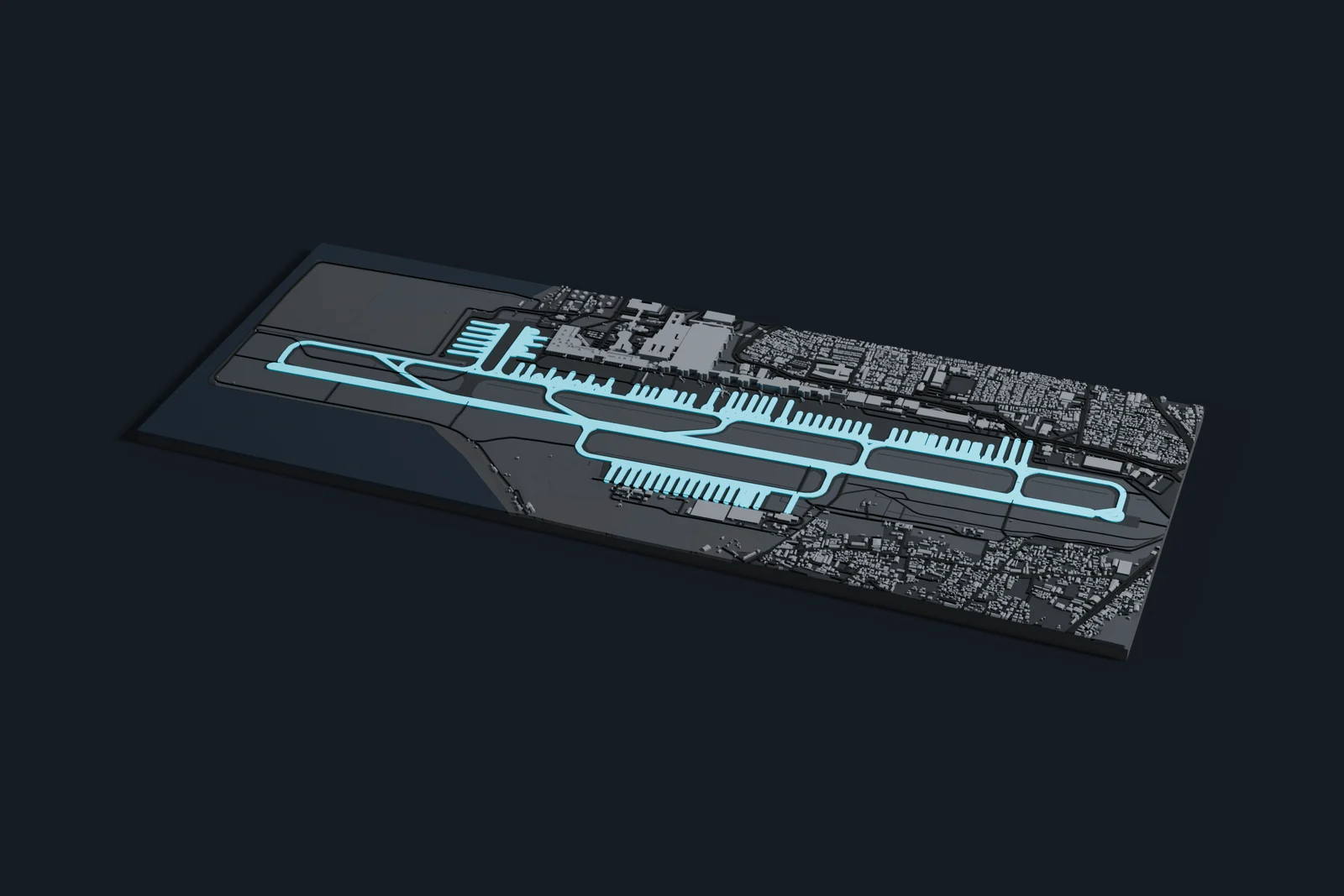 Render of a 3D printed map of Ngurah Rai International Airport, the runways and taxiways in cyan on a dark grey model of the terminals, buildings and land around them.