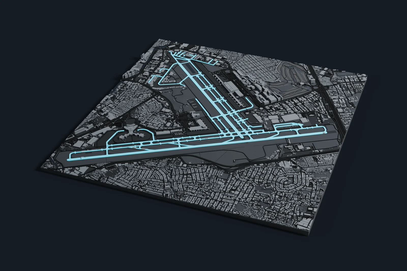 Render of a 3D printed map of Ninoy Aquino International Airport, the runways and taxiways in cyan on a dark grey model of the terminals, buildings and land around them.