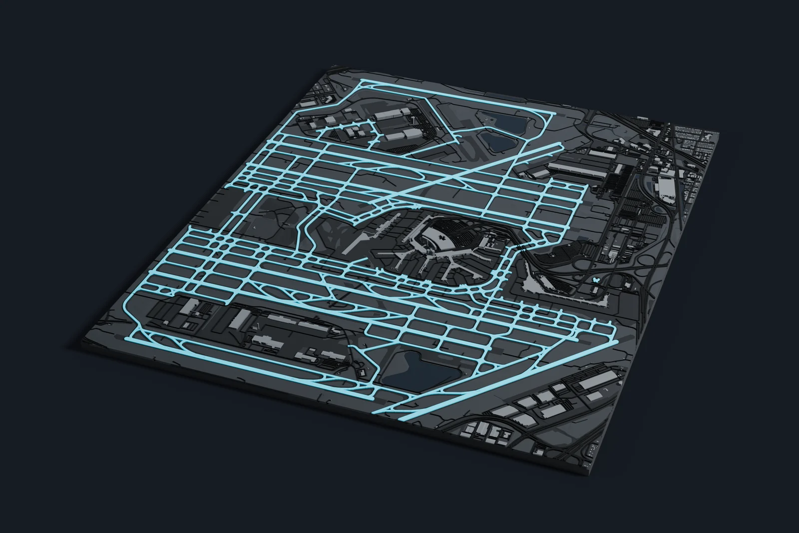 Render of a 3D printed map of O'Hare International Airport, the runways and taxiways in cyan on a dark grey model of the terminals, buildings and land around them.