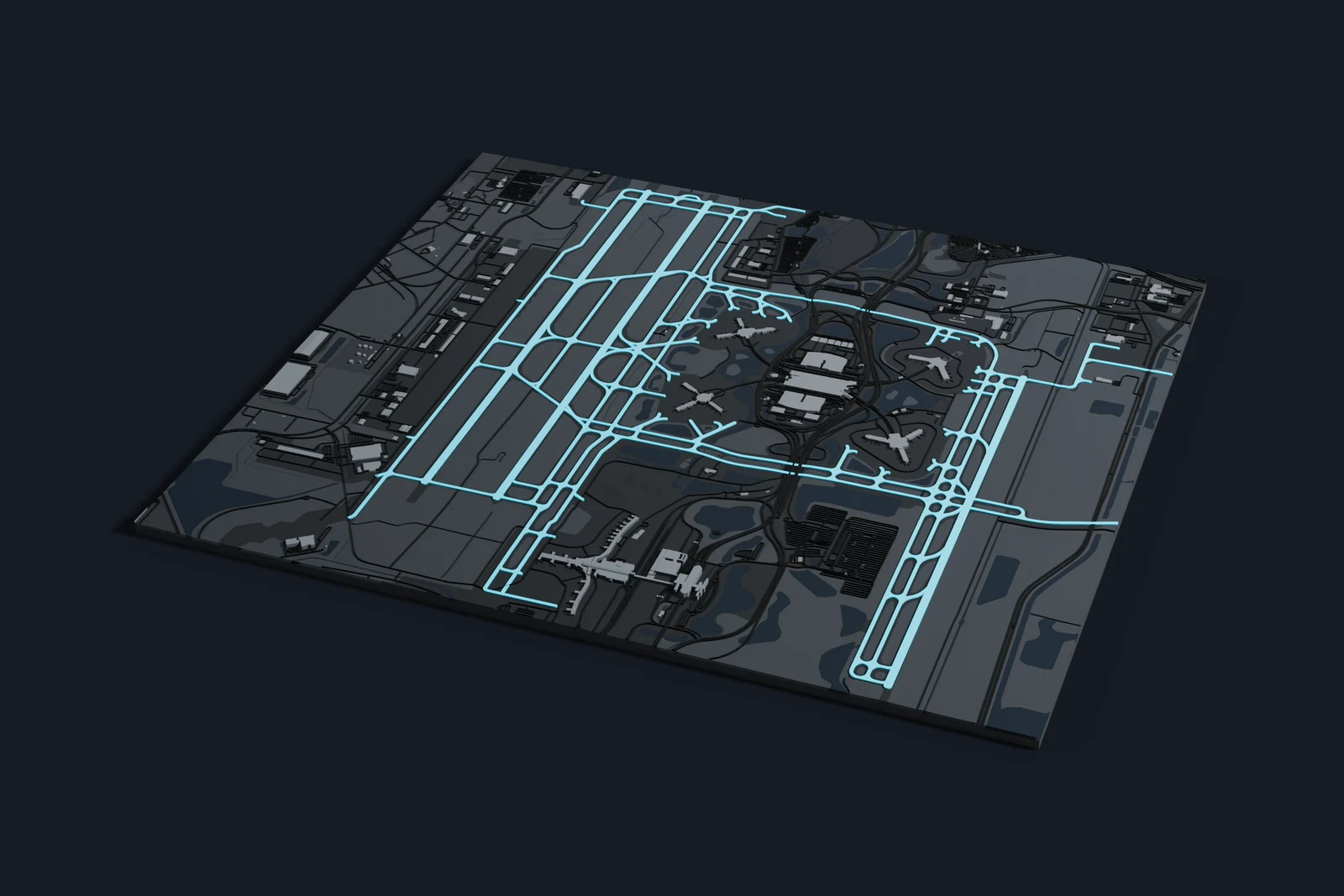 Render of a 3D printed map of Orlando International Airport, the runways and taxiways in cyan on a dark grey model of the terminals, buildings and land around them.