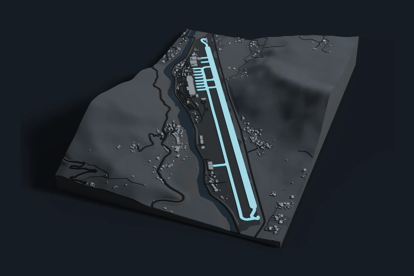 Render of a 3D printed map of Paro International Airport, the runways and taxiways in cyan on a dark grey model of the terminals, buildings and land around them.