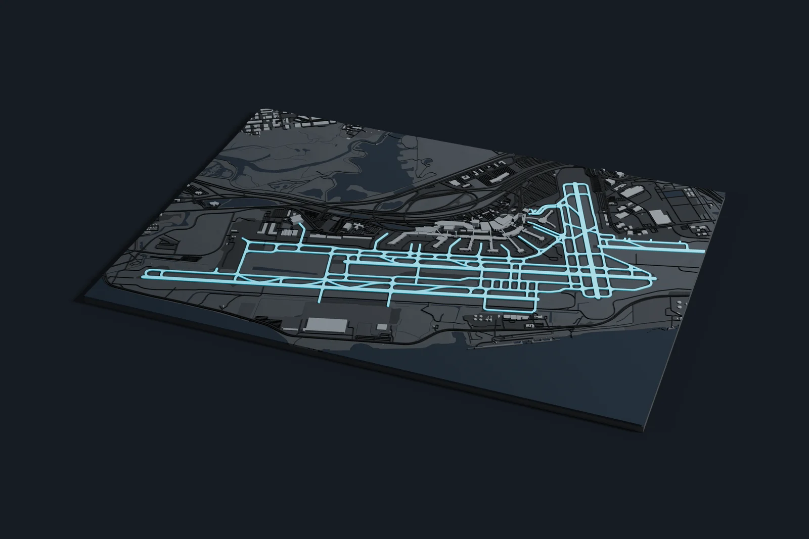 Render of a 3D printed map of Philadelphia International Airport, the runways and taxiways in cyan on a dark grey model of the terminals, buildings and land around them.