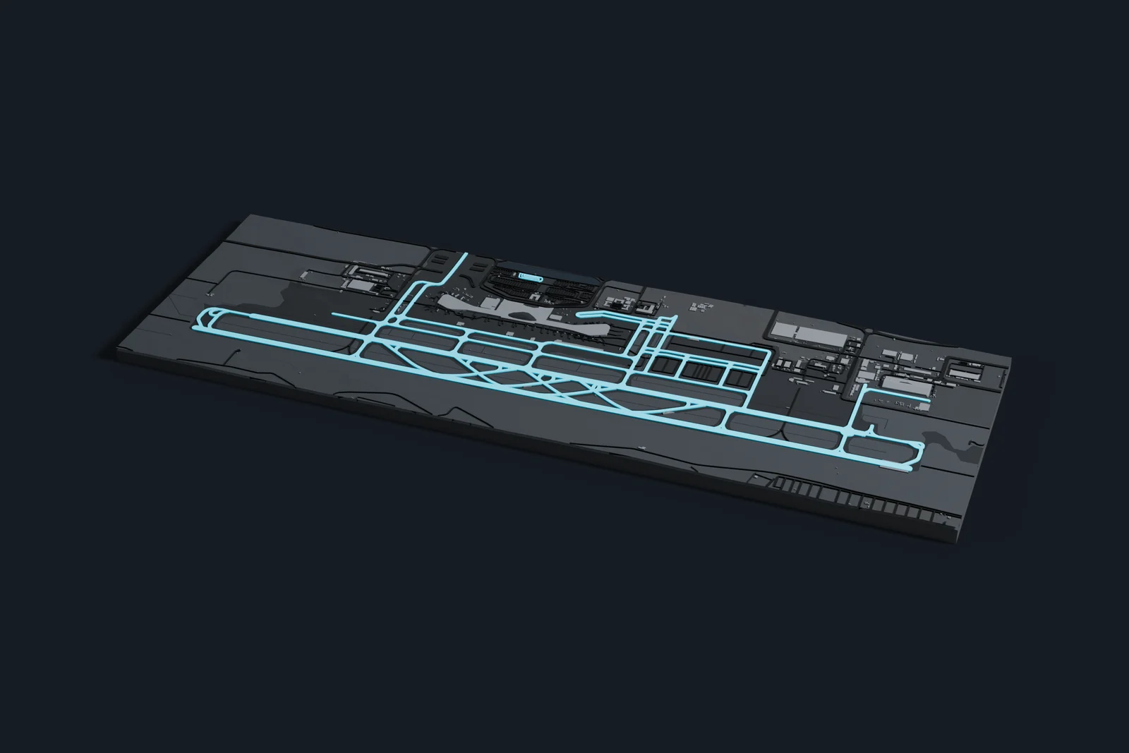 Render of a 3D printed map of Rajiv Gandhi International Airport, the runways and taxiways in cyan on a dark grey model of the terminals, buildings and land around them.
