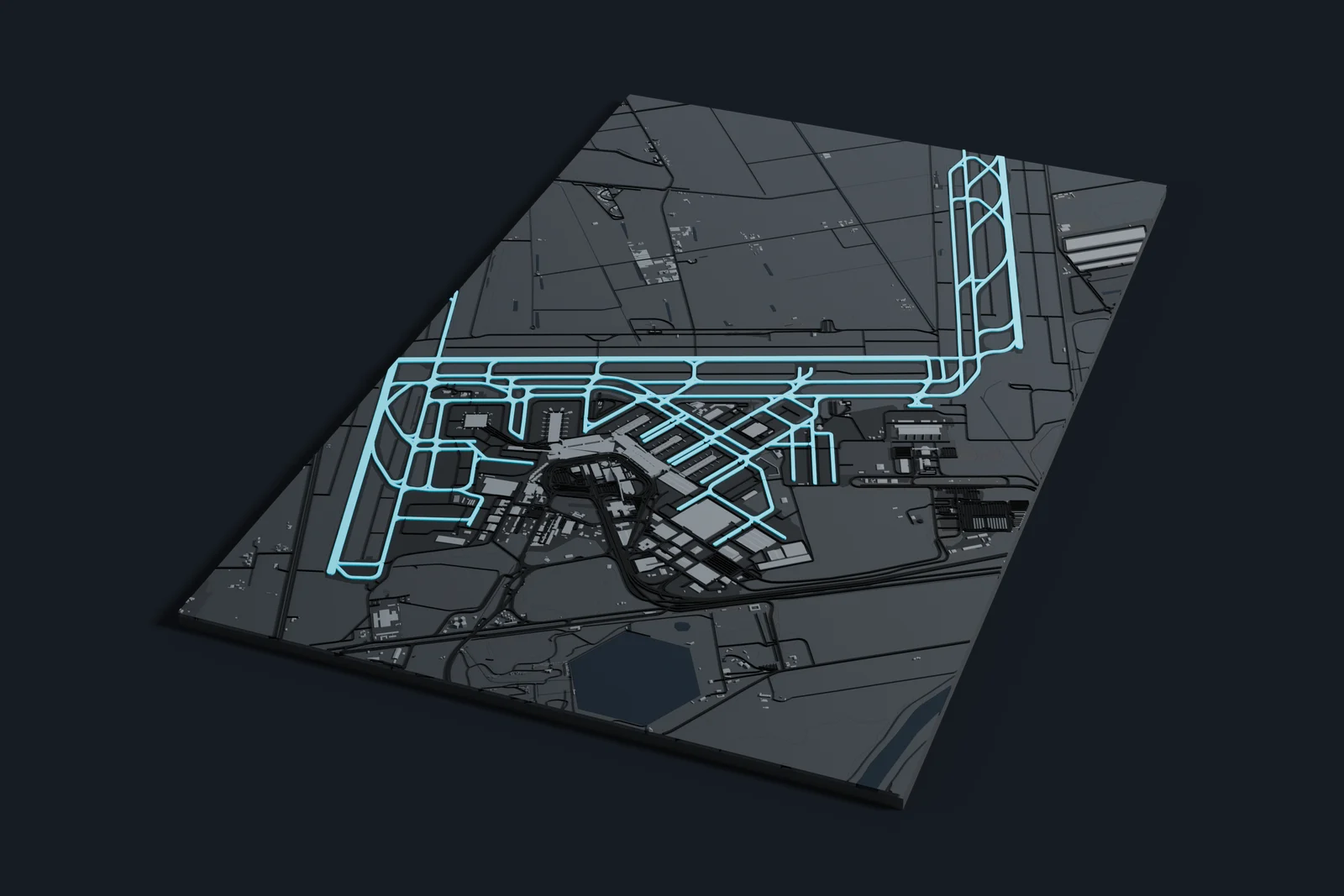 Render of a 3D printed map of Rome Fiumicino Airport, the runways and taxiways in cyan on a dark grey model of the terminals, buildings and land around them.